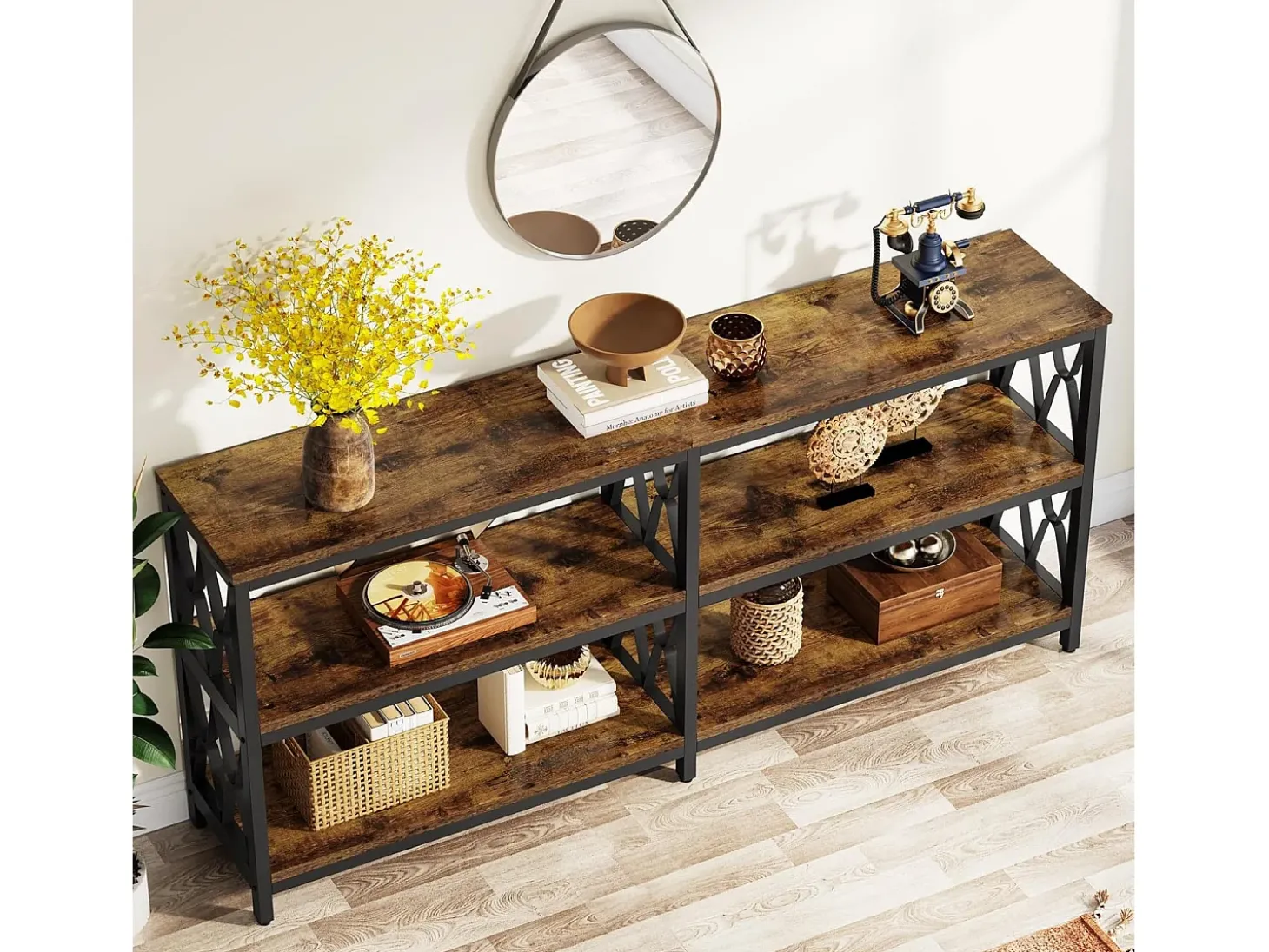 Mesa de Console com Prateleiras de Armazenamento, Mesa de Sofá Industrial de 180cm com 3 Andares para Sala de Estar