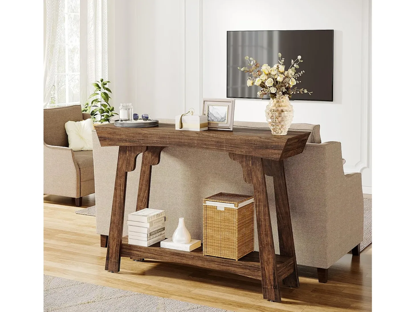 Mesa de console de 105 cm com armazenamento, 2 níveis em madeira, com prateleira, gaveta estreita, mesa para trás do sofá para sala de estar, marrom rústico