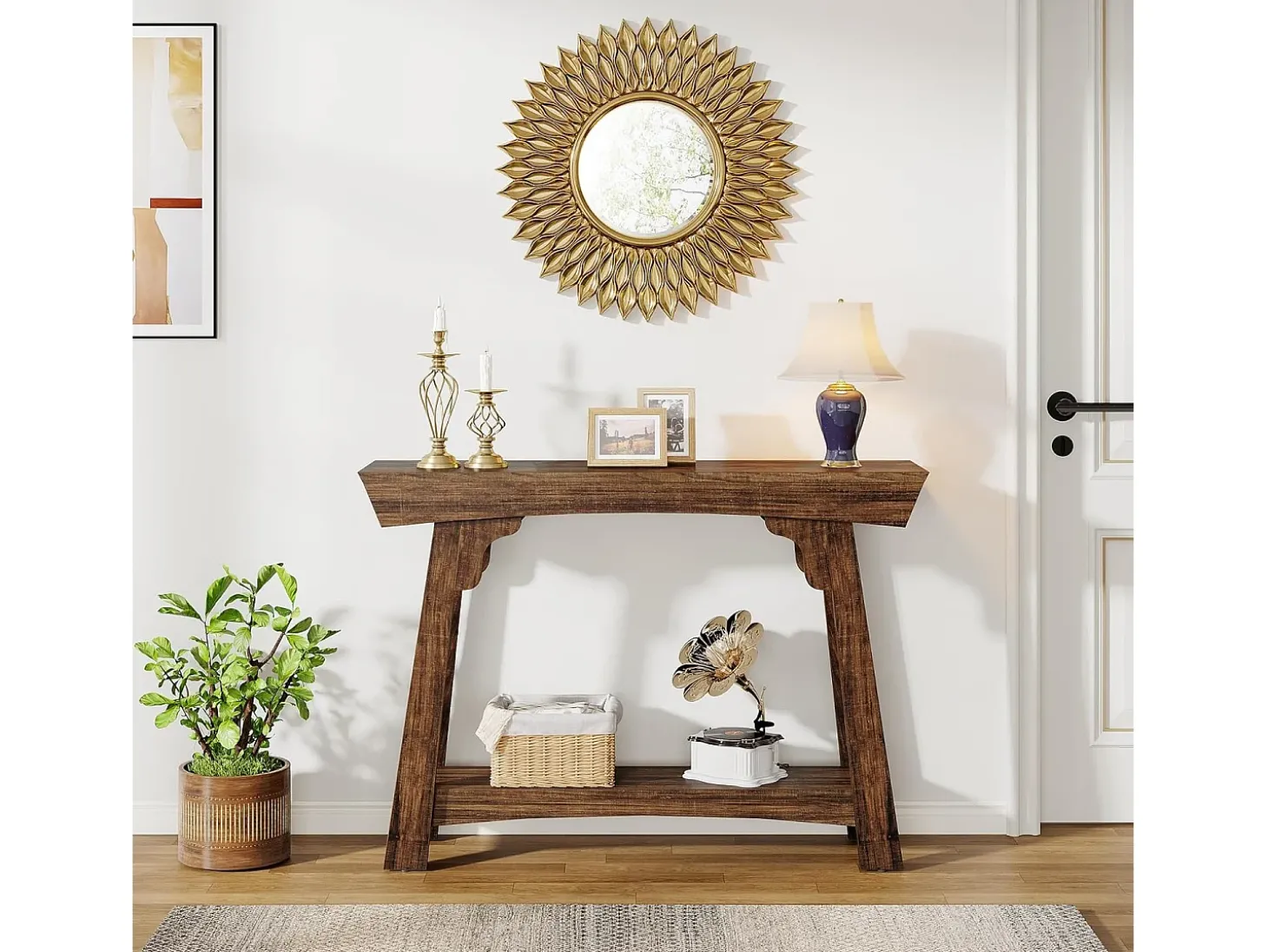 Mesa de console de 105 cm com armazenamento, 2 níveis em madeira, com prateleira, gaveta estreita, mesa para trás do sofá para sala de estar, marrom rústico
