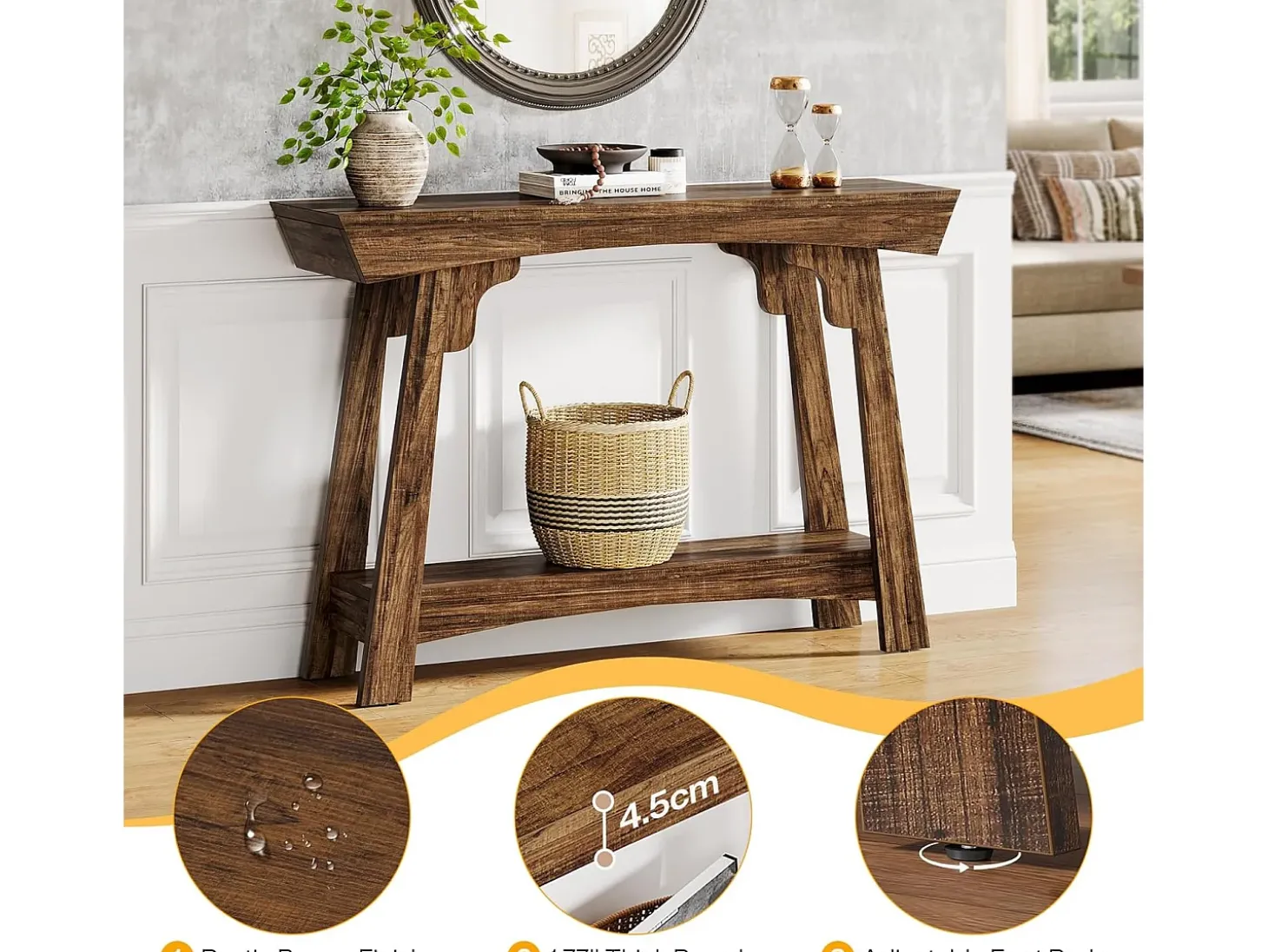 Mesa de console de 105 cm com armazenamento, 2 níveis em madeira, com prateleira, gaveta estreita, mesa para trás do sofá para sala de estar, marrom rústico