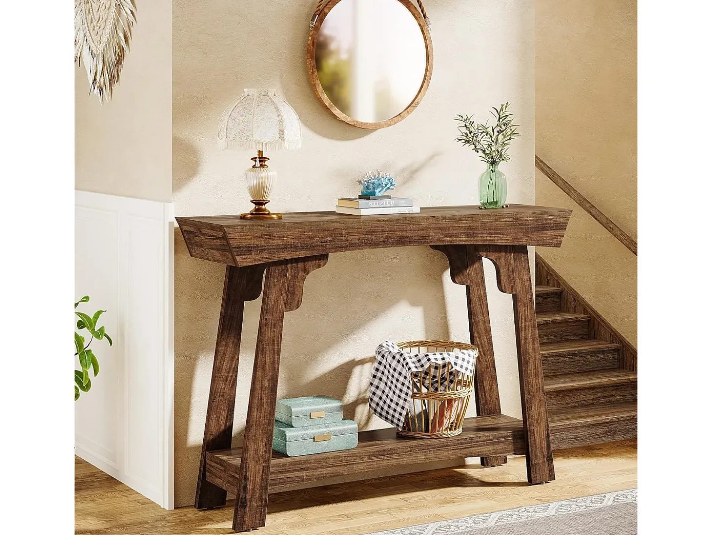 Mesa de console de 105 cm com armazenamento, 2 níveis em madeira, com prateleira, gaveta estreita, mesa para trás do sofá para sala de estar, marrom rústico