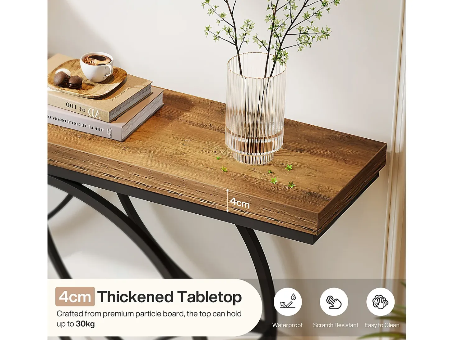 Mesa de console de 120 cm, Mesa para sofá industrial de dois níveis com estrutura metálica geométrica, Mesas estreitas para entrada decorativas