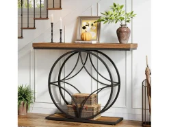 Mesa de console de 120 cm, Mesa para sofá industrial de dois níveis com estrutura metálica geométrica, Mesas estreitas para entrada decorativas