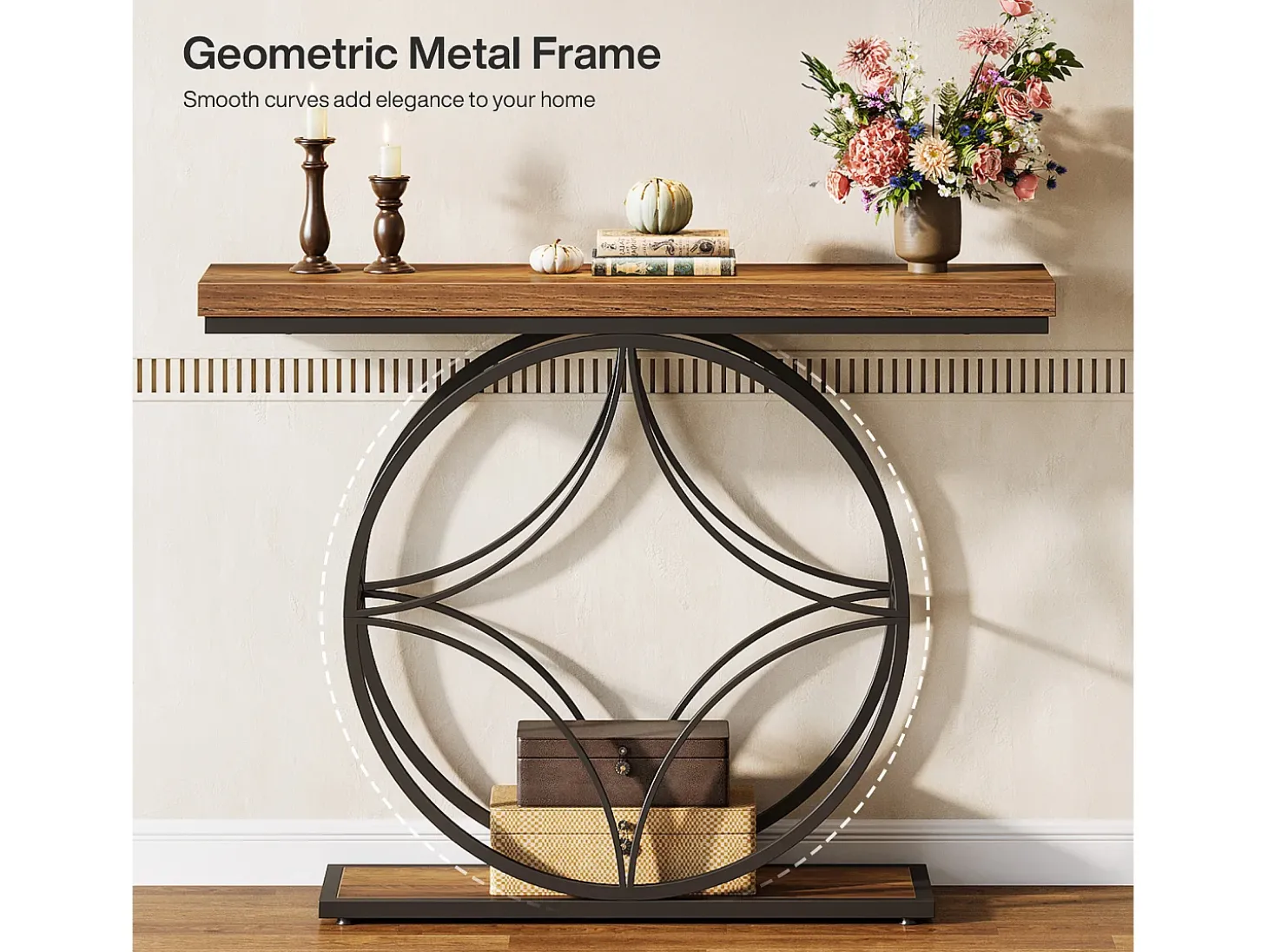 Mesa de console de 120 cm, Mesa para sofá industrial de dois níveis com estrutura metálica geométrica, Mesas estreitas para entrada decorativas