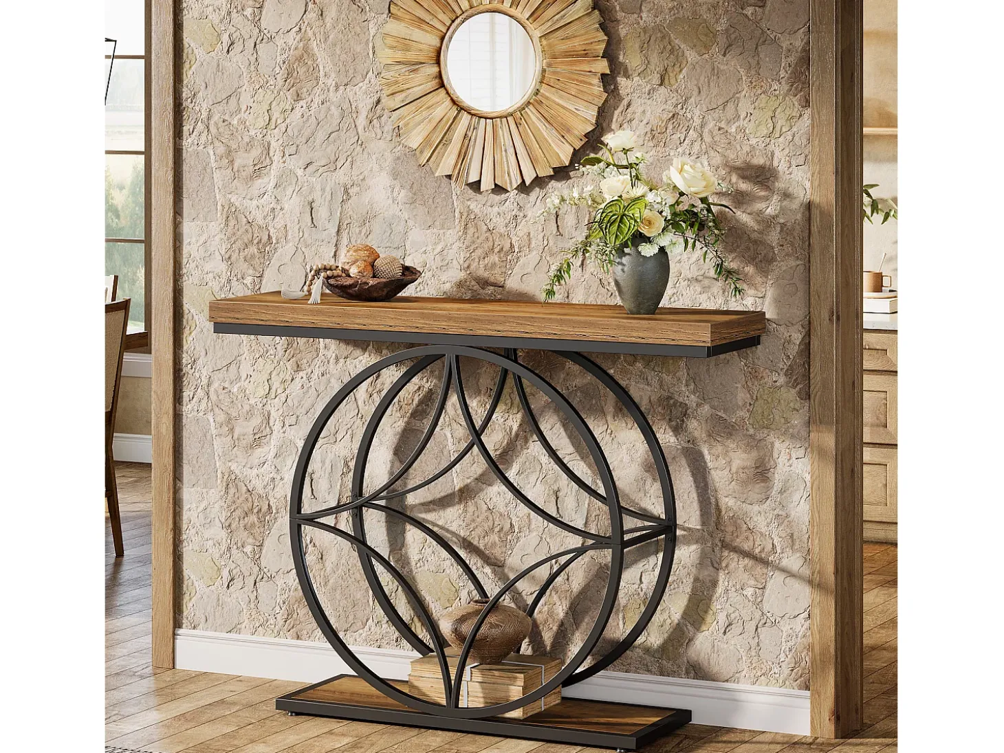 Mesa de console de 120 cm, Mesa para sofá industrial de dois níveis com estrutura metálica geométrica, Mesas estreitas para entrada decorativas