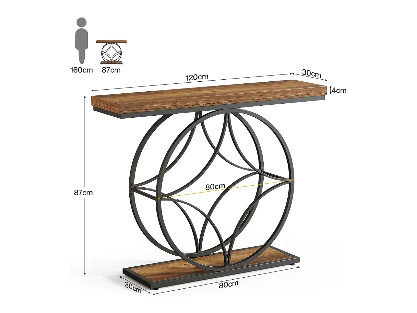Mesa de console de 120 cm, Mesa para sofá industrial de dois níveis com estrutura metálica geométrica, Mesas estreitas para entrada decorativas