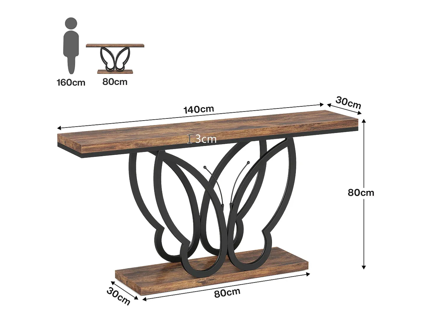 Mesa de console de 140 cm, Mesa de entrada com moldura em metal em formato de borboleta, Mesa de sofá, Mesas auxiliares longas e estreitas, Marrom e Preto