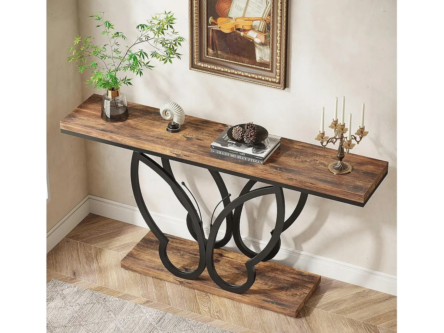 Mesa de console de 140 cm, Mesa de entrada com moldura em metal em formato de borboleta, Mesa de sofá, Mesas auxiliares longas e estreitas, Marrom e Preto
