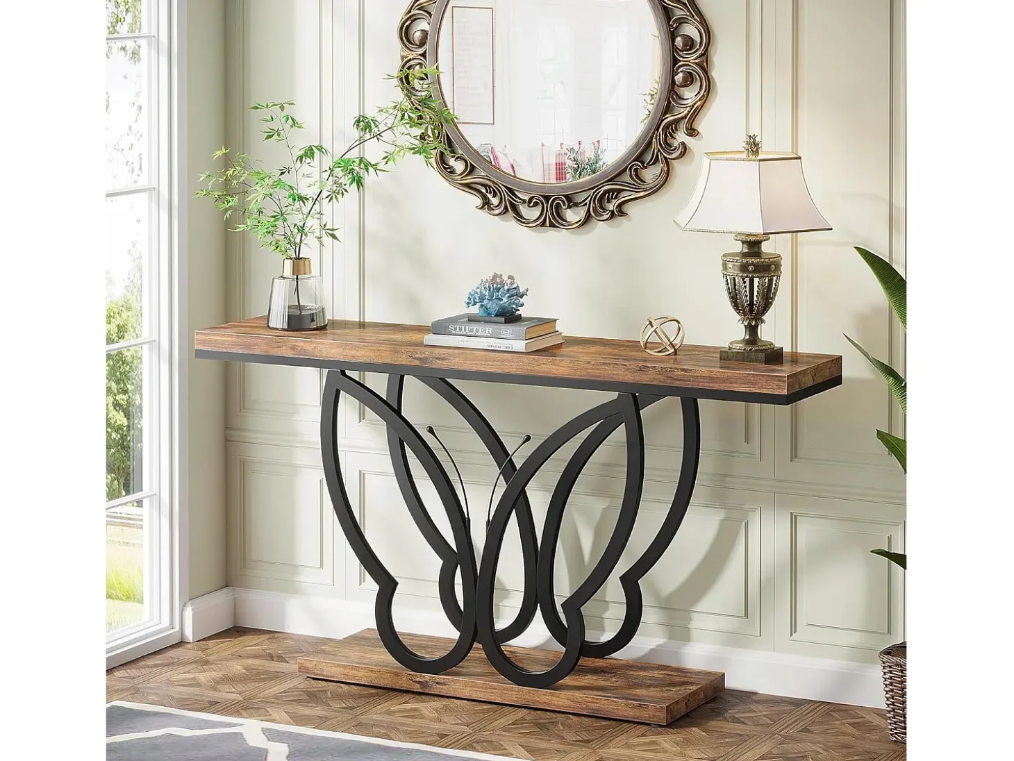 Mesa de console de 140 cm, Mesa de entrada com moldura em metal em formato de borboleta, Mesa de sofá, Mesas auxiliares longas e estreitas, Marrom e Preto
