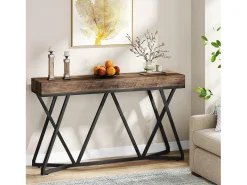 Mesa de Console de 140 cm, Mesa de entrada em madeira com base em metal única, Mesa baixa, Mesa de lareira