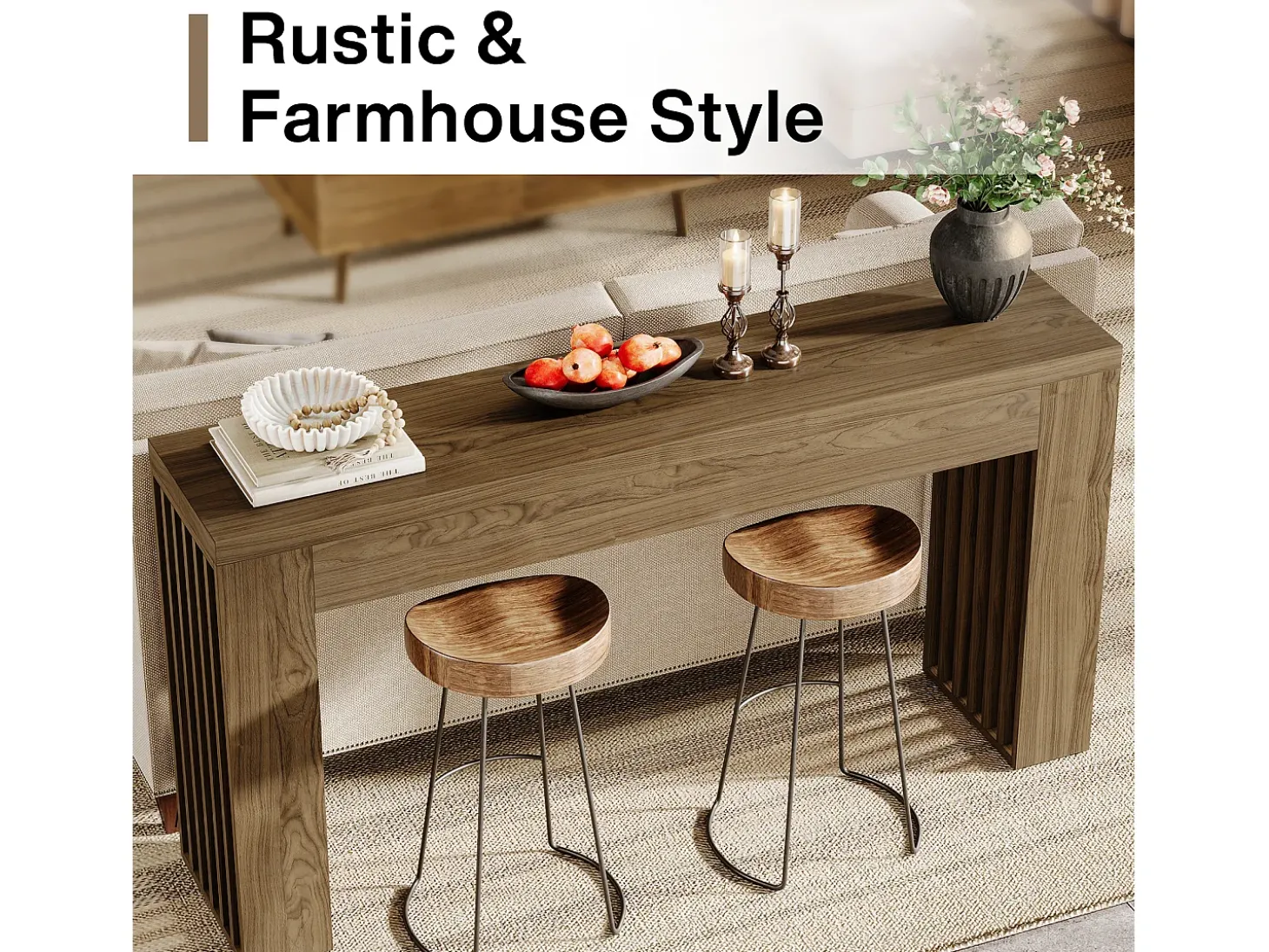 Mesa de console de 150 cm para sala de estar, mesa para entrada em estilo casa de campo com pernas em listras verticais