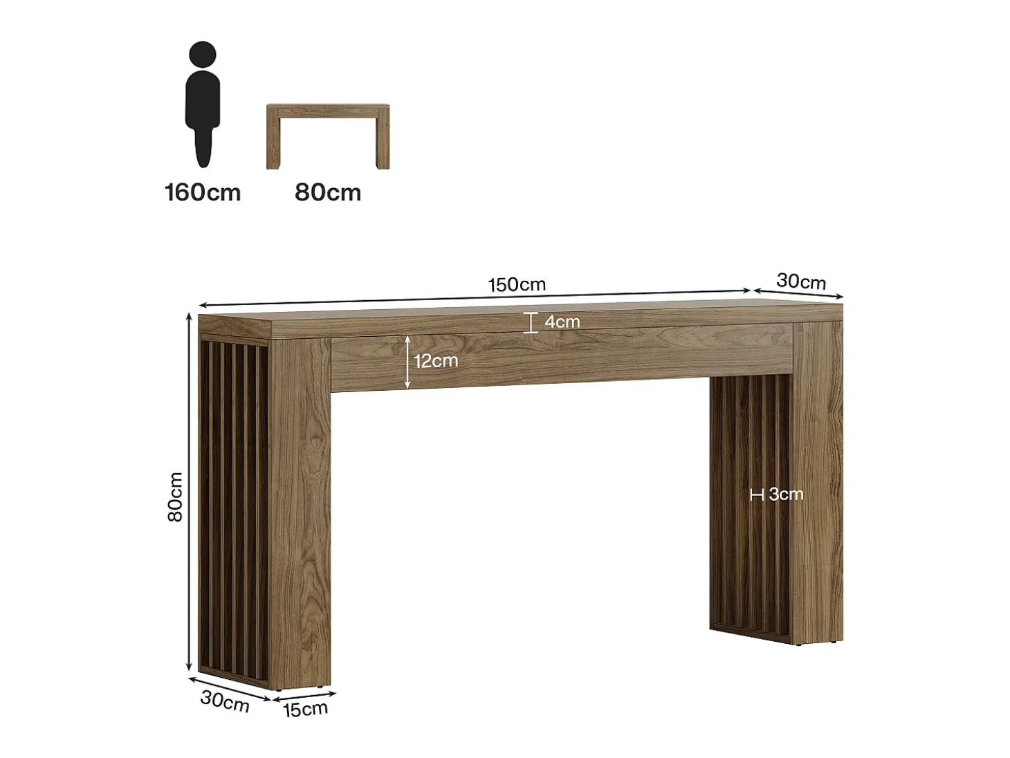 Mesa de console de 150 cm para sala de estar, mesa para entrada em estilo casa de campo com pernas em listras verticais