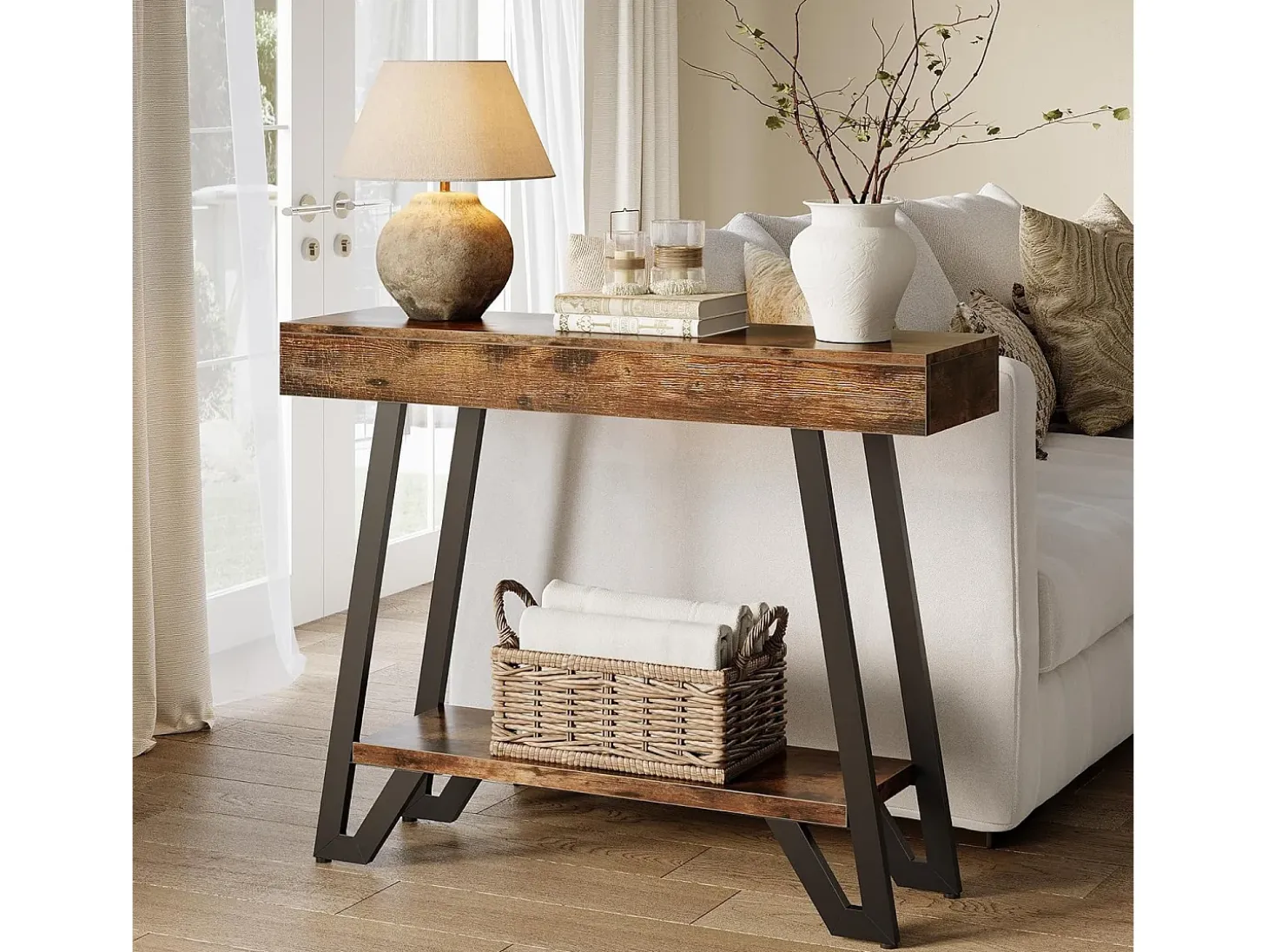 Mesa de Console de 103cm com Quadro Metálico Geométrico, Mesas de Entrada, Prateleiras de Armazenamento, 2 Camadas