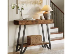 Mesa de Console de 103cm com Quadro Metálico Geométrico, Mesas de Entrada, Prateleiras de Armazenamento, 2 Camadas
