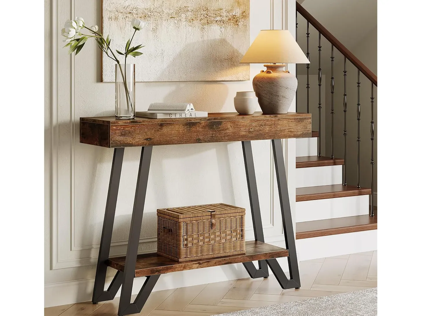 Mesa de Console de 103cm com Quadro Metálico Geométrico, Mesas de Entrada, Prateleiras de Armazenamento, 2 Camadas