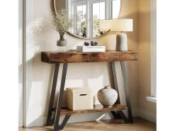 Mesa de Console de 103cm com Quadro Metálico Geométrico, Mesas de Entrada, Prateleiras de Armazenamento, 2 Camadas