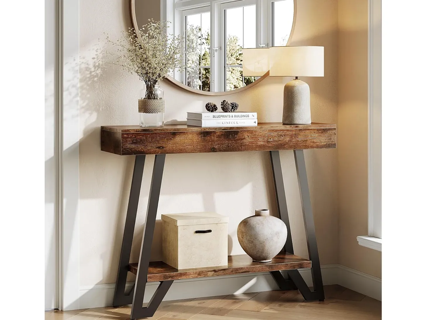Mesa de Console de 103cm com Quadro Metálico Geométrico, Mesas de Entrada, Prateleiras de Armazenamento, 2 Camadas