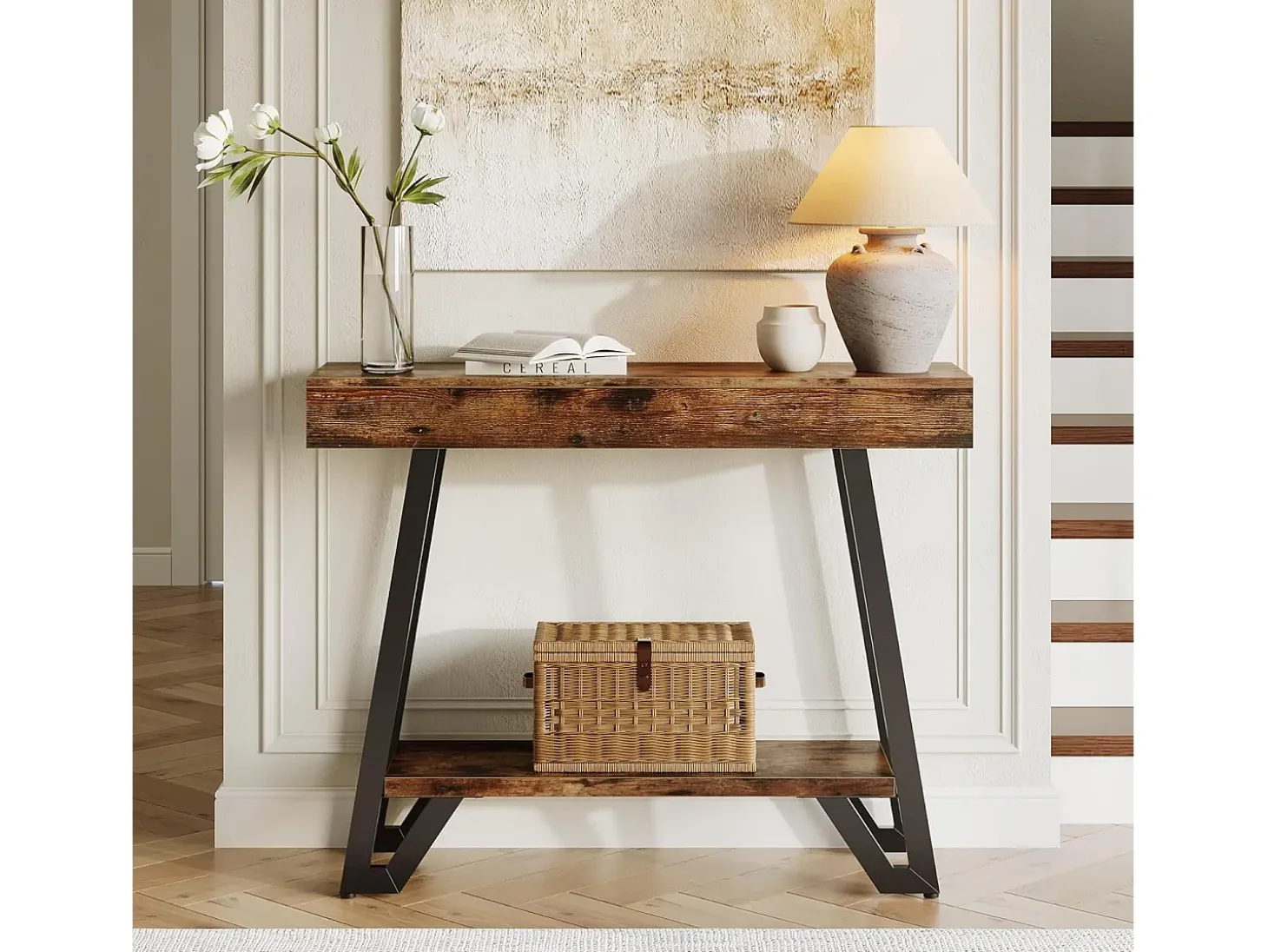 Mesa de Console de 103cm com Quadro Metálico Geométrico, Mesas de Entrada, Prateleiras de Armazenamento, 2 Camadas