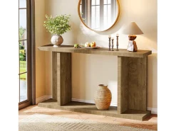 Mesa de Console de 140cm, Mesa de Entrada Rustica de 2 Andares para Atrás do Sofá