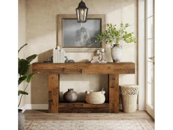 Mesa de Console de 160cm, Mesa de Entrada Rural de 2 Camadas com Base em Forma de U