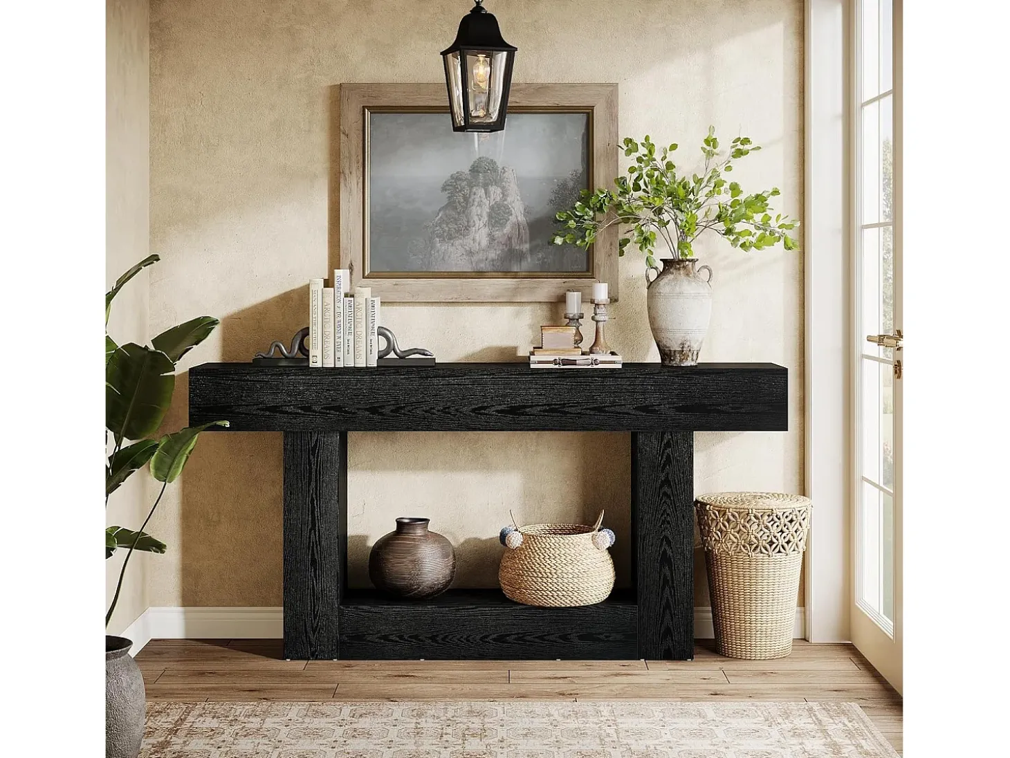 Mesa de Console de 160cm, Mesa de Sofá de 2 Andares Preta Mesa de Entrada
