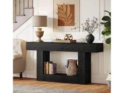 Mesa de Console de 160cm, Mesa de Sofá de 2 Andares Preta Mesa de Entrada