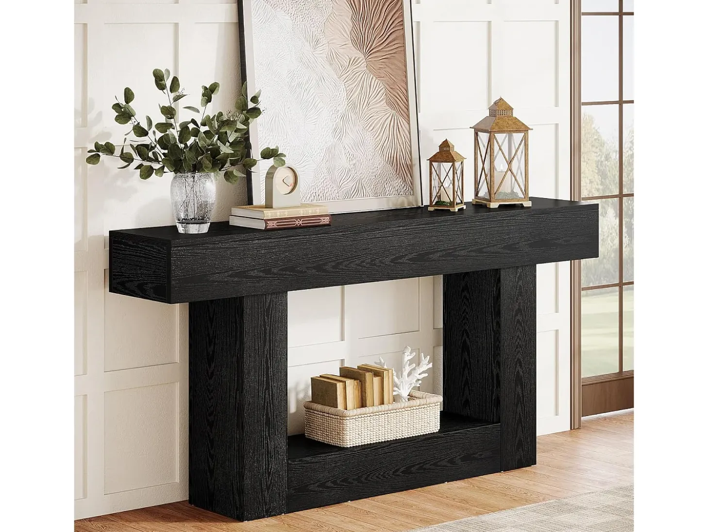 Mesa de Console de 160cm, Mesa de Sofá de 2 Andares Preta Mesa de Entrada