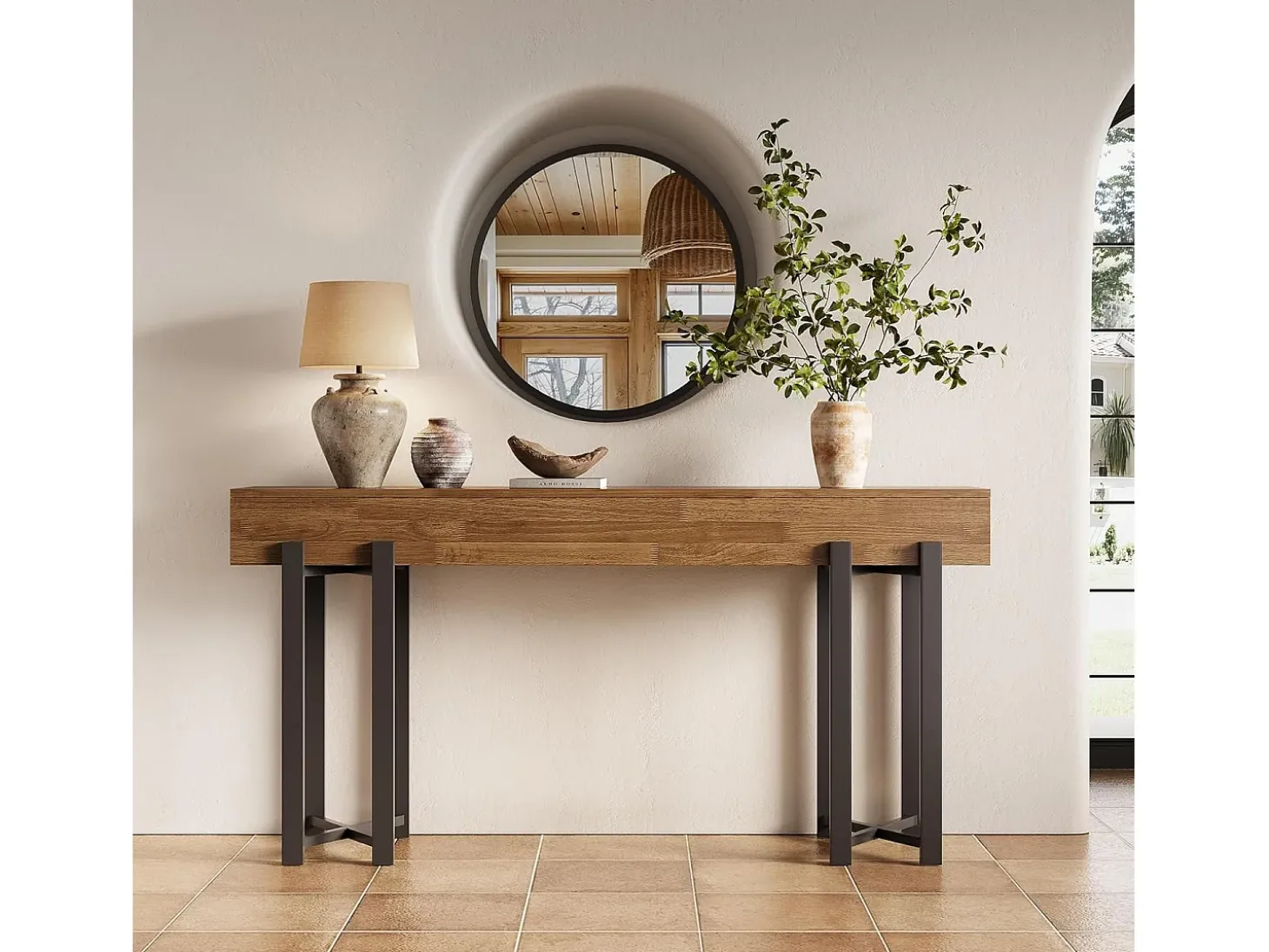 Mesa de Console de 160cm para Entrada, Mesa Rustica para Atrás do Sofá, Mesa Minimalista para Sala de Estar