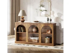 Mesa de console de estilo rústico de 160 cm de comprimento com 3 níveis de armazenamento, marrom