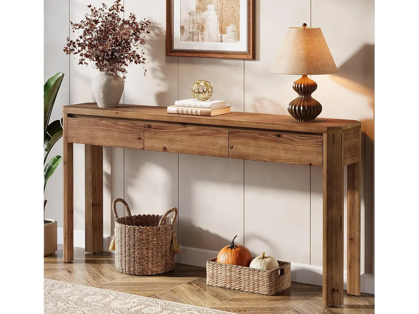 Mesa de Console de Madeira Sólida com 3 Gavetas, Mesa de Entrada de 160cm de Comprimento com Cantos Arredondados