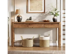 Mesa de Console de Madeira Sólida com 3 Gavetas, Mesa de Entrada de 160cm de Comprimento com Cantos Arredondados