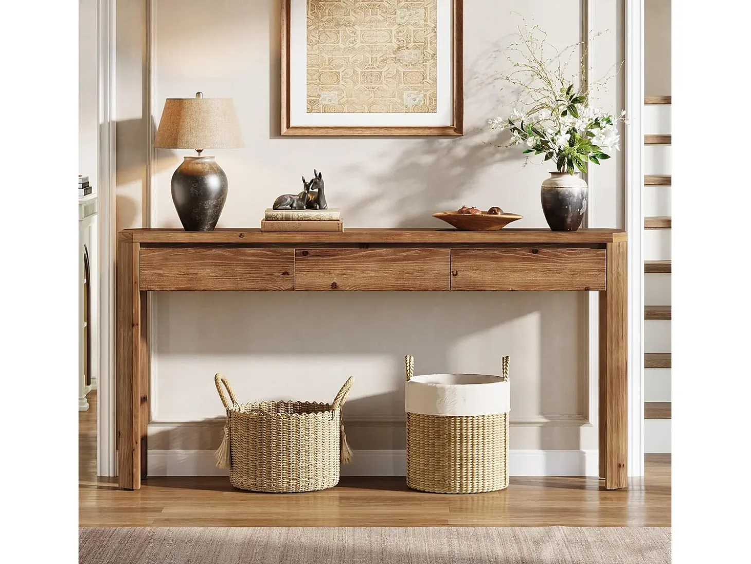 Mesa de Console de Madeira Sólida com 3 Gavetas, Mesa de Entrada de 160cm de Comprimento com Cantos Arredondados