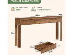 Mesa de Console de Madeira Sólida com 3 Gavetas, Mesa de Entrada de 160cm de Comprimento com Cantos Arredondados