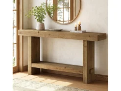 Mesa de console de madeira sólida de 160 cm, mesa estreita de entrada de fazenda de dois níveis para corredor, entrada