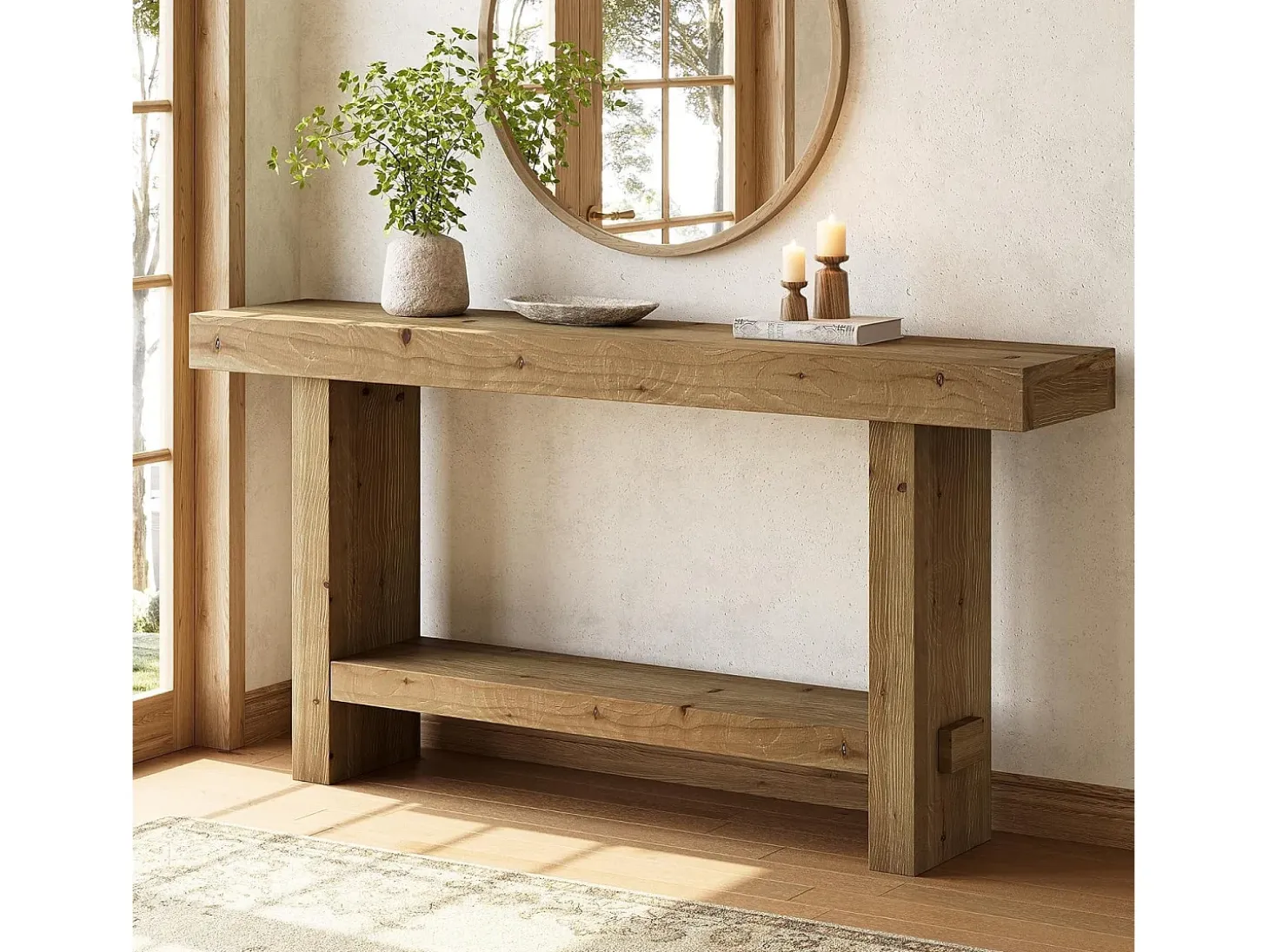 Mesa de console de madeira sólida de 160 cm, mesa estreita de entrada de fazenda de dois níveis para corredor, entrada