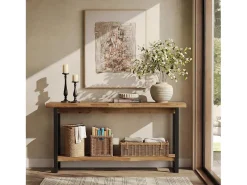 Mesa de console de madeira maciça com borda natural para entrada, estilo caseiro, 160 cm, mesa estreita e longa para sofa, atrás do sofá