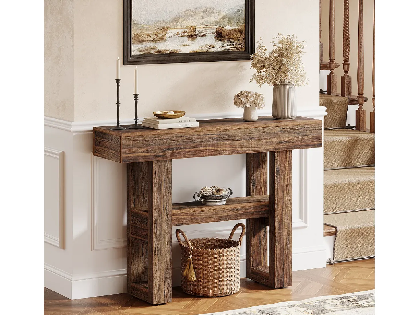 Mesa de console de quinta com 105 cm, mesa estreita para sofá de dois andares para trás do sofá