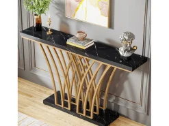 Mesa de Console Dourada - 150 x 29,5 x 80 cm - Moderna - com Pés de Metal em Formato de Grade - para Entrada, Corredor, Entrada, Sala (Preta)