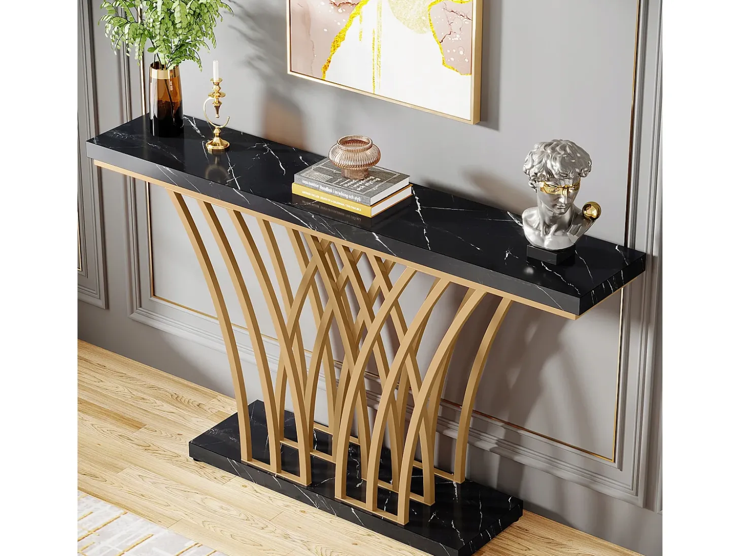 Mesa de Console Dourada - 150 x 29,5 x 80 cm - Moderna - com Pés de Metal em Formato de Grade - para Entrada, Corredor, Entrada, Sala (Preta)