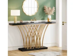 Mesa de Console Dourada - 150 x 29,5 x 80 cm - Moderna - com Pés de Metal em Formato de Grade - para Entrada, Corredor, Entrada, Sala (Preta)
