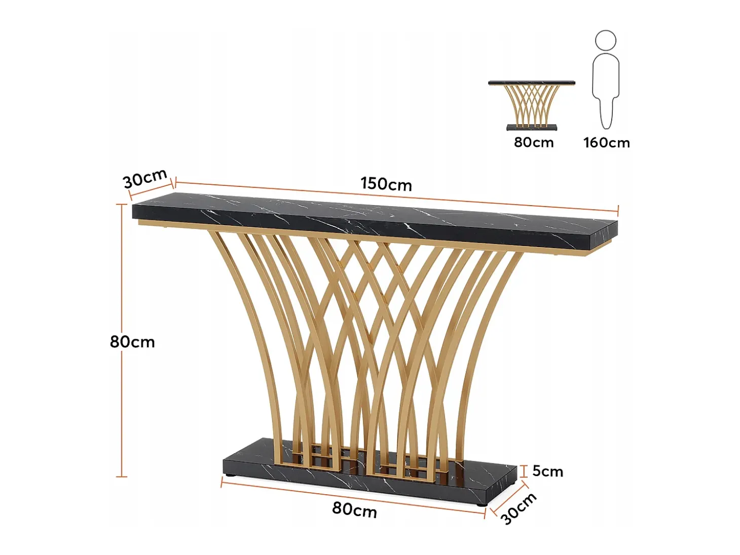 Mesa de Console Dourada - 150 x 29,5 x 80 cm - Moderna - com Pés de Metal em Formato de Grade - para Entrada, Corredor, Entrada, Sala (Preta)