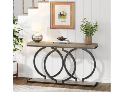 Mesa de console dourada de 140 cm, Mesa de entrada moderna com pés em metal dourado em formato de O, 140 x 30 x 80 cm, Cinza