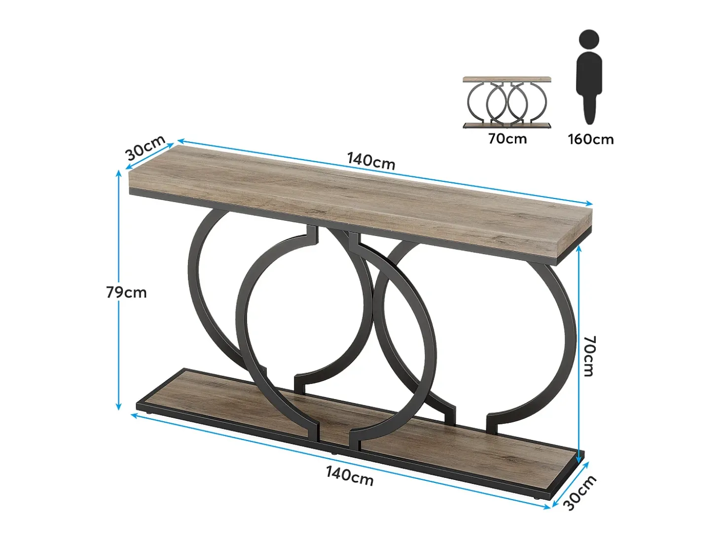 Mesa de console dourada de 140 cm, Mesa de entrada moderna com pés em metal dourado em formato de O, 140 x 30 x 80 cm, Cinza