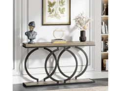 Mesa de console dourada de 140 cm, Mesa de entrada moderna com pés em metal dourado em formato de O, 140 x 30 x 80 cm, Cinza