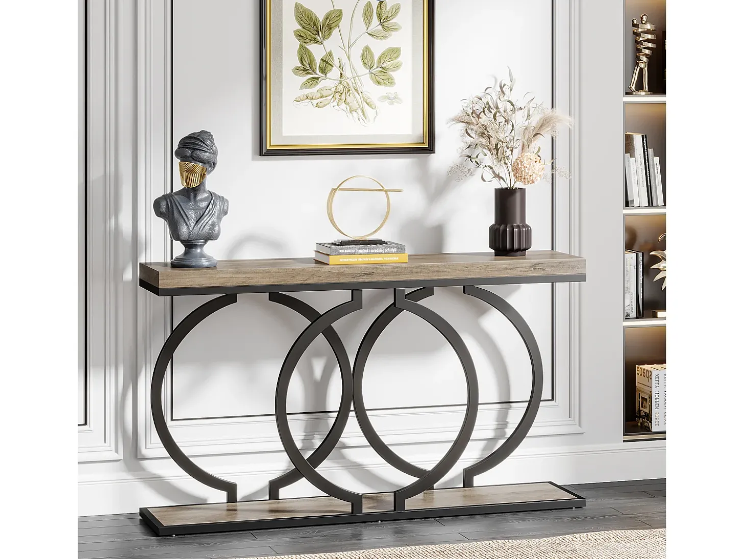 Mesa de console dourada de 140 cm, Mesa de entrada moderna com pés em metal dourado em formato de O, 140 x 30 x 80 cm, Cinza