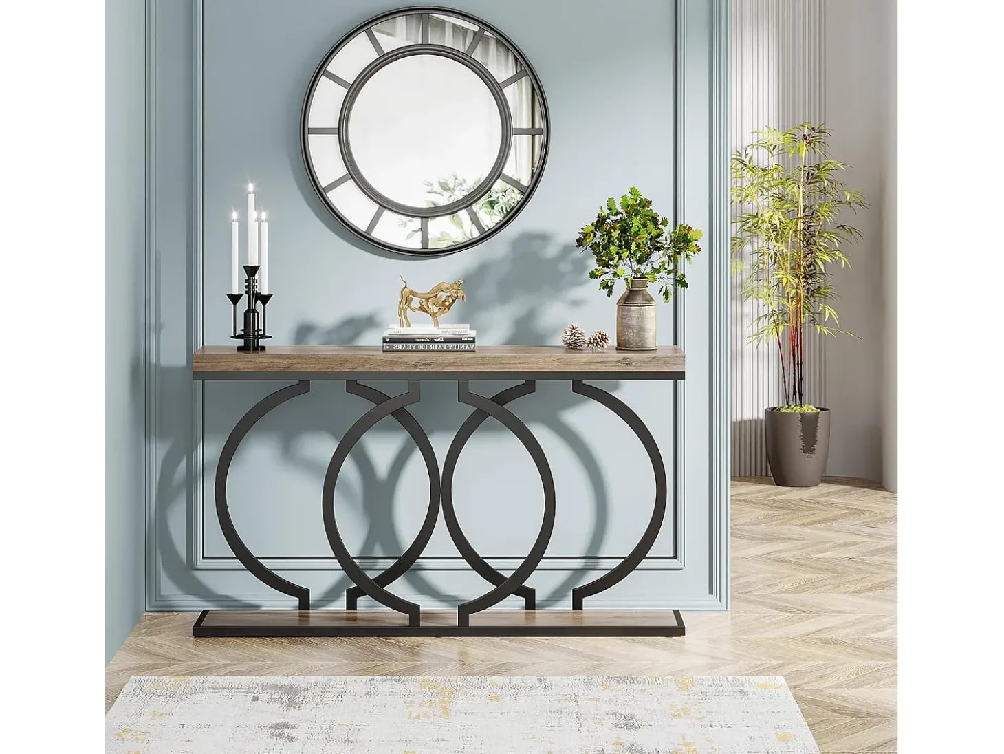 Mesa de console dourada de 140 cm, Mesa de entrada moderna com pés em metal dourado em formato de O, 140 x 30 x 80 cm, Cinza
