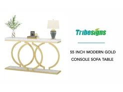 Mesa de console dourada de 140 cm, Mesa de entrada moderna com pés em metal dourado em formato de O, 140 x 30 x 80 cm, Cinza