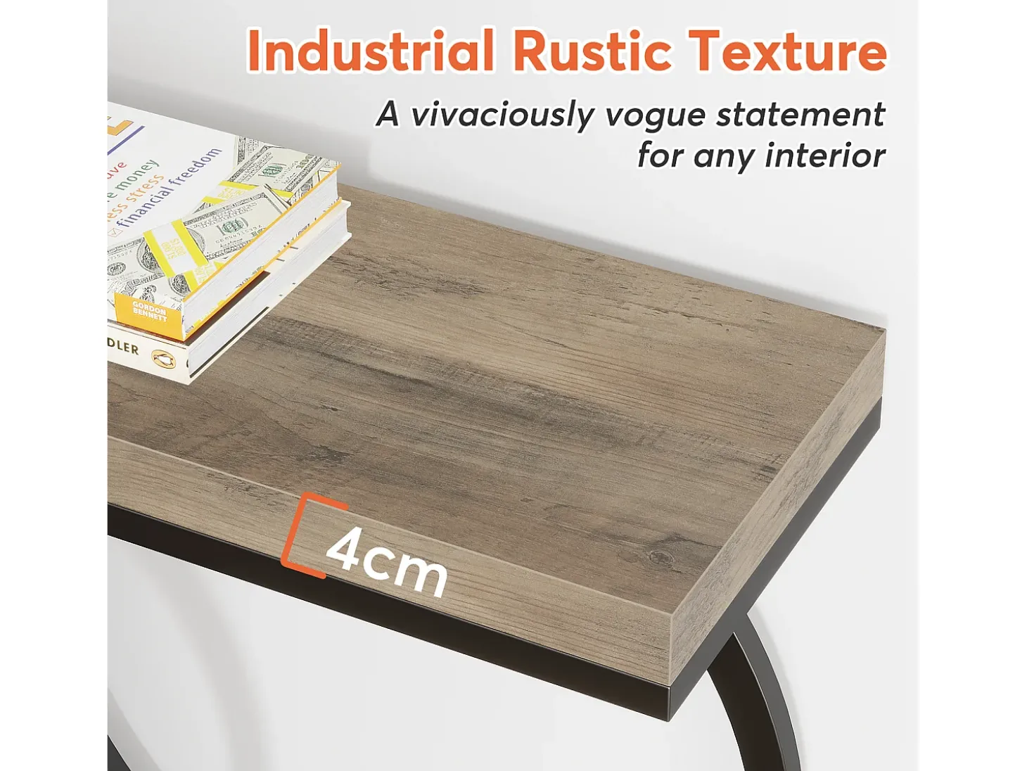 Mesa de console dourada de 140 cm, Mesa de entrada moderna com pés em metal dourado em formato de O, 140 x 30 x 80 cm, Cinza