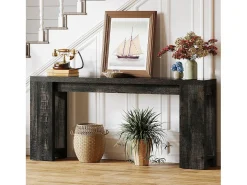 Mesa de Console Extra Longa 160cm, Mesa de Sofá Rural Preta Atrás do Sofá