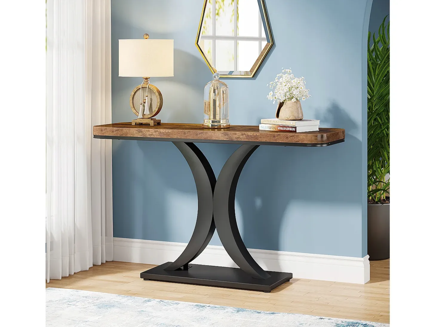 Mesa de Console Industrial, Mesa estreita de Entrada de Hall de 100 cm com Base geométrica, Mesa auxiliar de Corredor Rústica para Sala, entrada